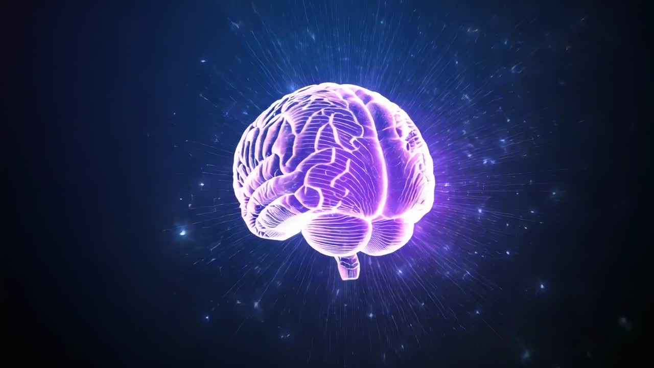 Avvio del modello di cervello 3D pulsante, rotante ed emettente scintille in un campo stellato blu scuro, che mostra il nucleo