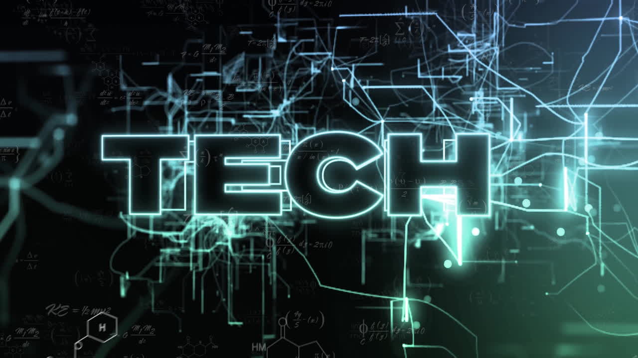 Glowing TECH animation over futuristic digital circuit and data patterns