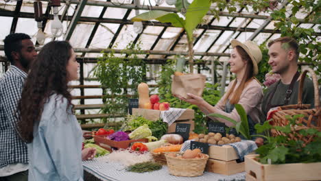 friendly exchange at a greenhouse farmers market