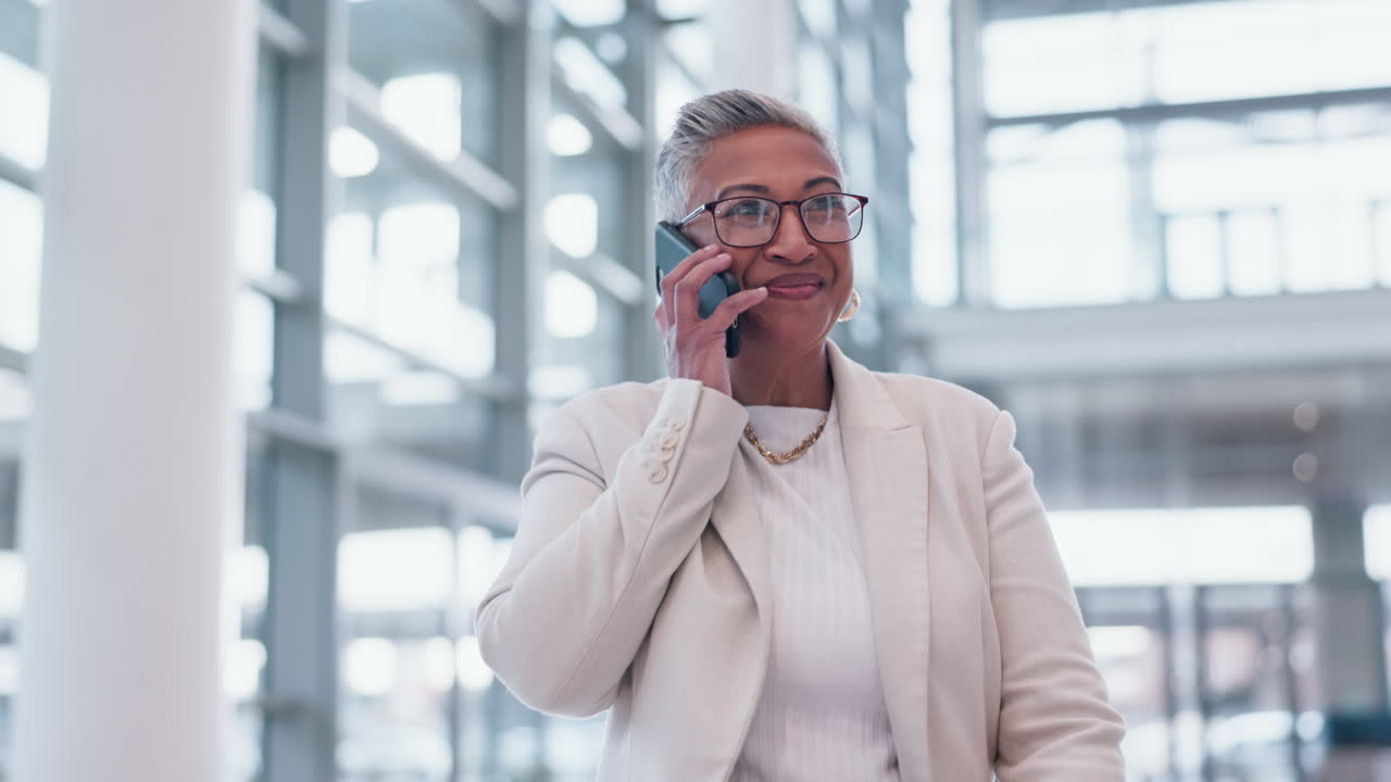 Walking, business deal or happy woman on a phone