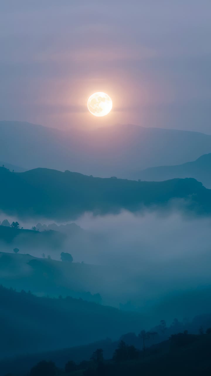 Vertical video: Pulsing orb bathing mountain valley in teal light, lifting fog to reveal ridges