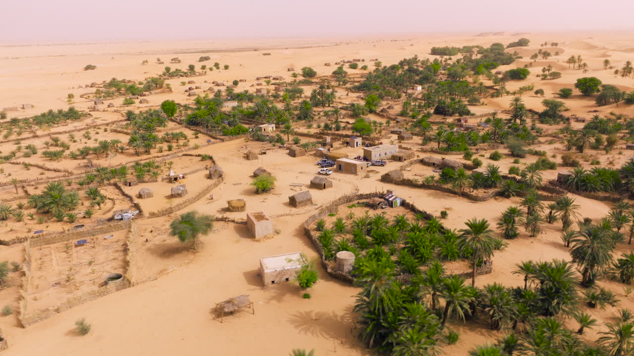 Oasis de Tanouchert Sahara Desert In Mauritania, Africa. Aerial Drone Shot