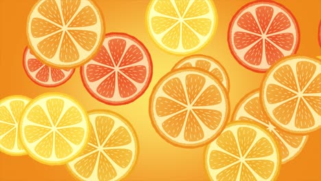 animación de rebanadas de naranja. cítricos, pomelo, limón patrón animado en bucle para el fondo, estandarte, presentación, embalaje, café. frutas frescas, diseño de verano en colores amarillo brillante y narenja.