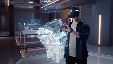 man uses vr headset to interact with a holographic engine model