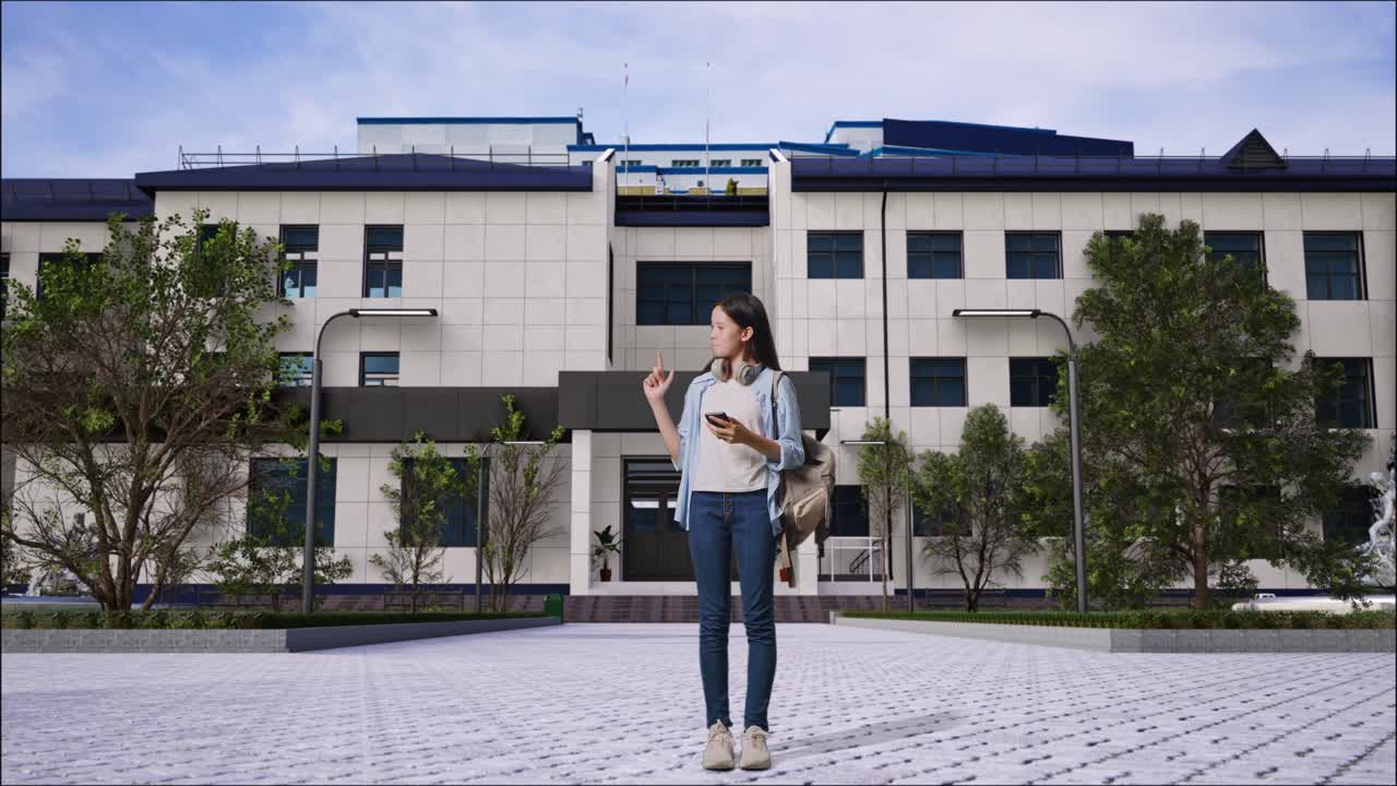 Studente di fronte all'edificio dell'università