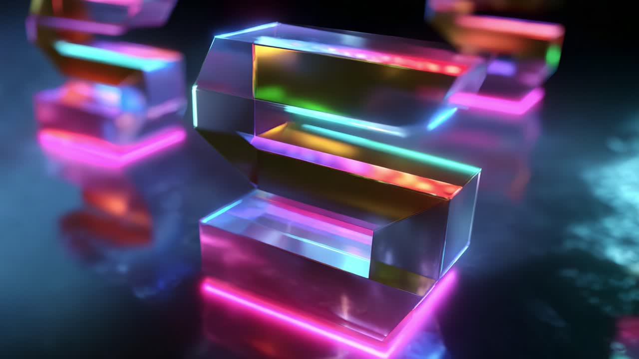 An Artistic Display of Colorful 3D Geometric Shapes with Illuminated Edges, Creating an Aesthetic Visual Experience Featuring a Strong Focus on Vivid Reflections and Light Play on a Dark Surface