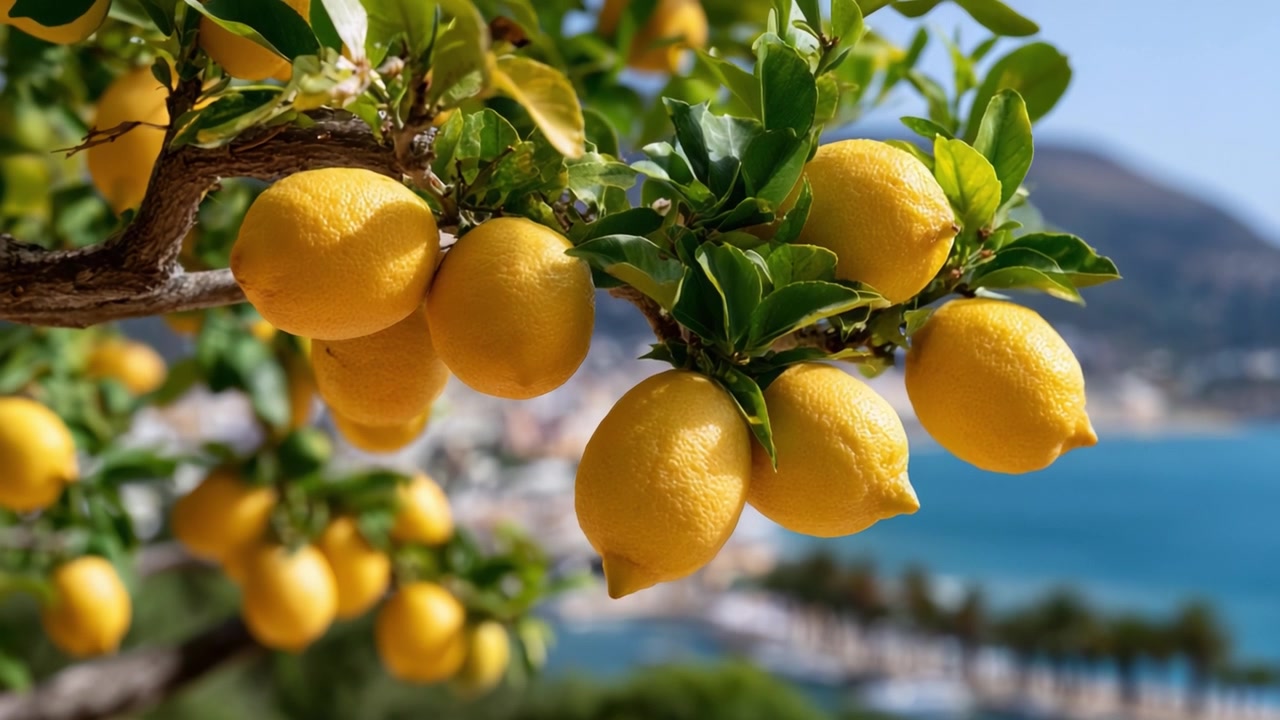 Rigogliosi rami di limone che portano limoni maturi e succosi su uno sfondo costiero panoramico: una vibrante esposizione dell'abbondanza e della freschezza della natura