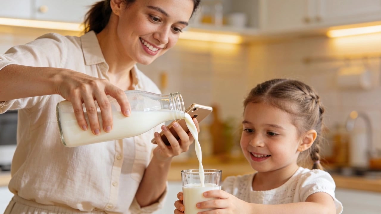 Eine Mutter unterhält sich und gießt in der Küche Milch aus einer Flasche in das Glas ihrer Tochter, während sie zum Frühstück ein Smartphone hält.