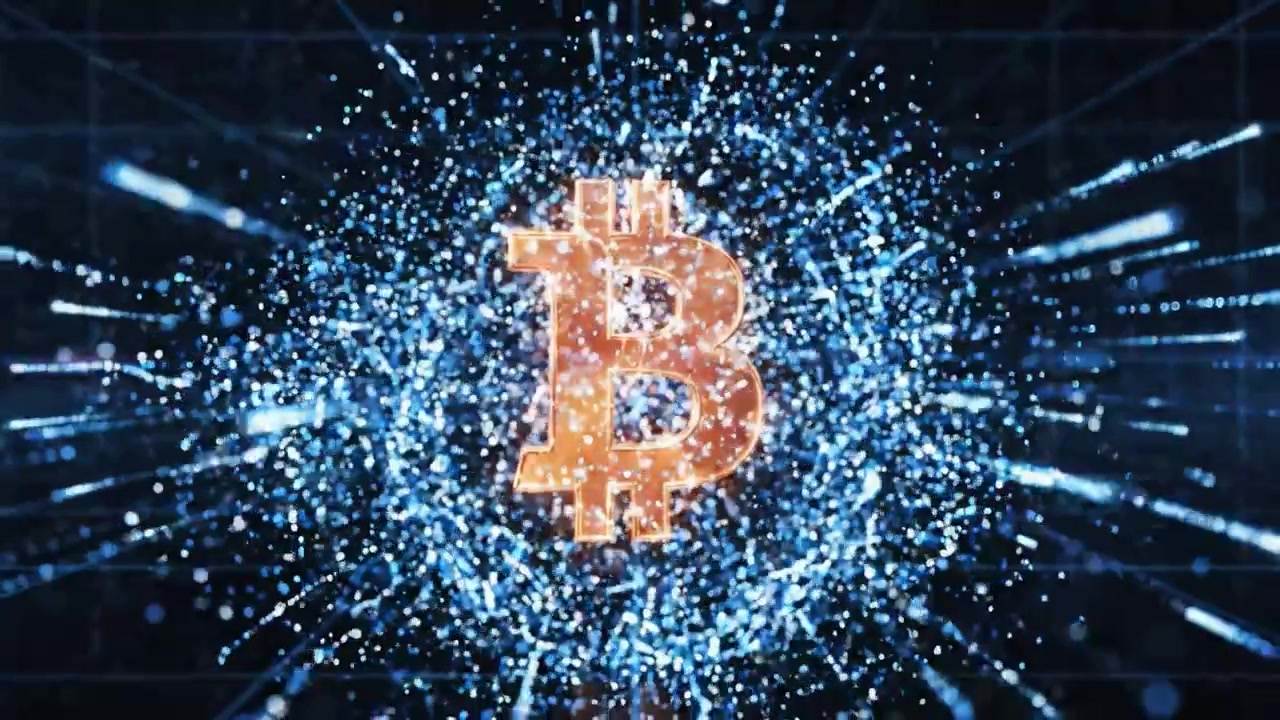 Un'Animazione Bitcoin Scintillante che Mostra l'Iconico Simbolo della Criptovaluta con Effetti di Particelle Dinamici e un Bagliore Futuristico in un Ambiente Spaziale Digitale