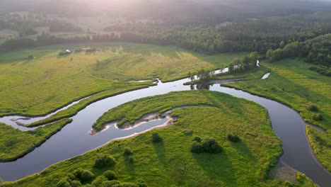 Filmischer-Blick-Aus-Einer-Drohne-Auf-Einen-Fluss,-Der-Sich-Durch-Grüne-Natur-Schlängelt-Und-Fließt