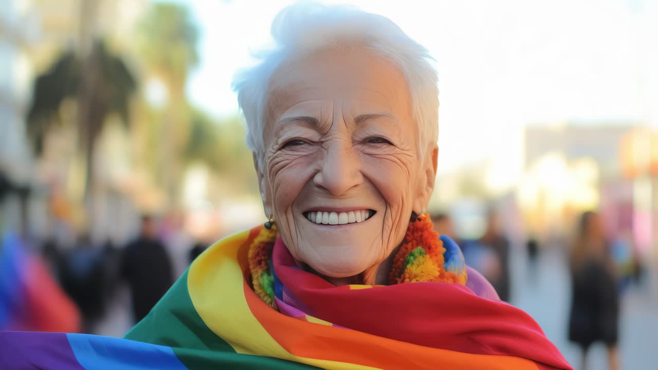 Happy senior woman wearing rainbow flag celebrating gay pride during street parade, showing support for lgbtq plus community and promoting equal rights