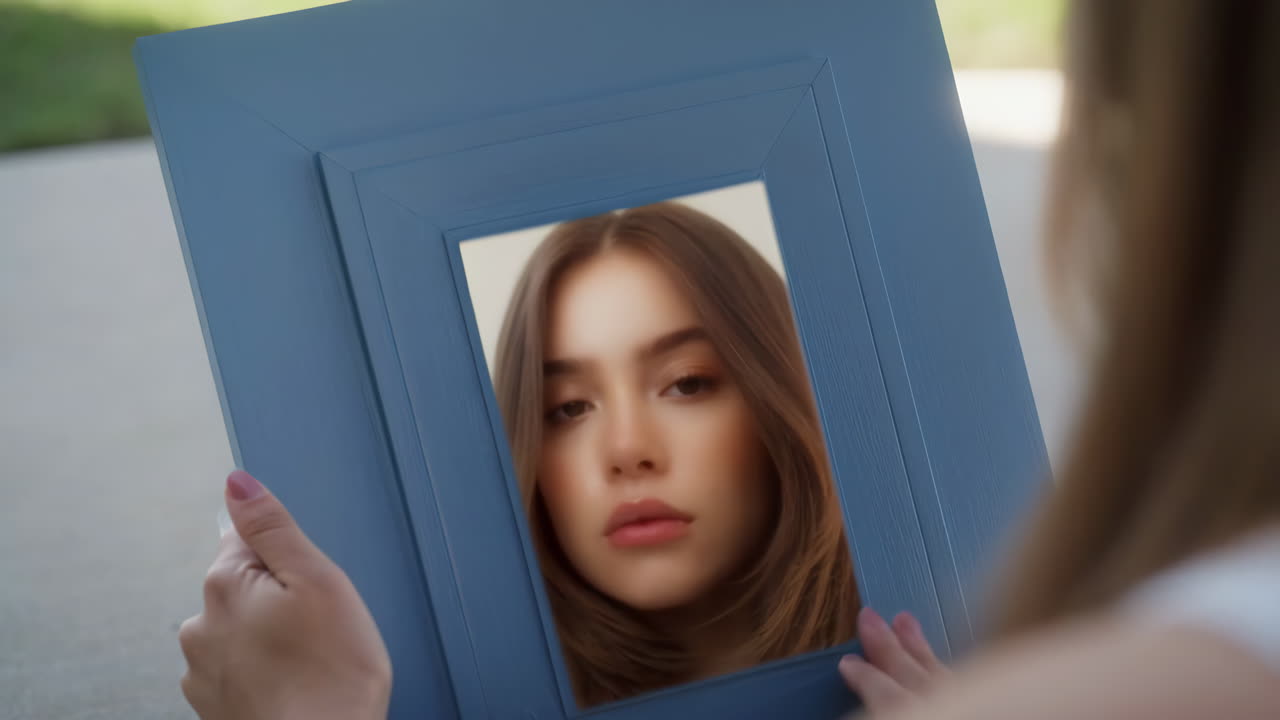 Young woman's face reflected in a blue frame