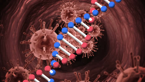 animation of dna strand rotating over covid 19 cells