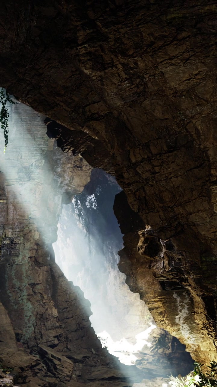 La luce filtra attraverso l'apertura di una grotta in un paesaggio naturale.