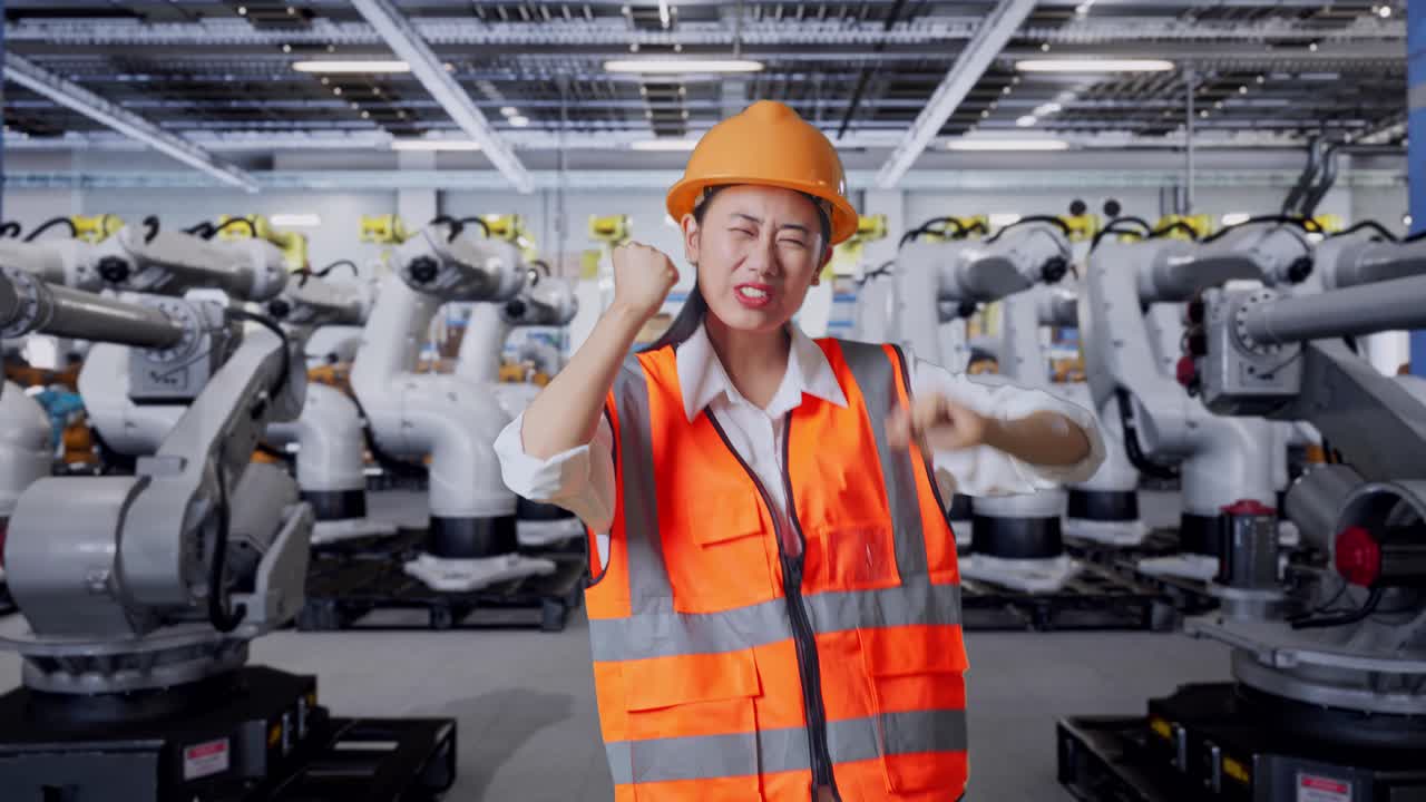 현대 공장에서 성공을 축하하는 행복한 엔지니어