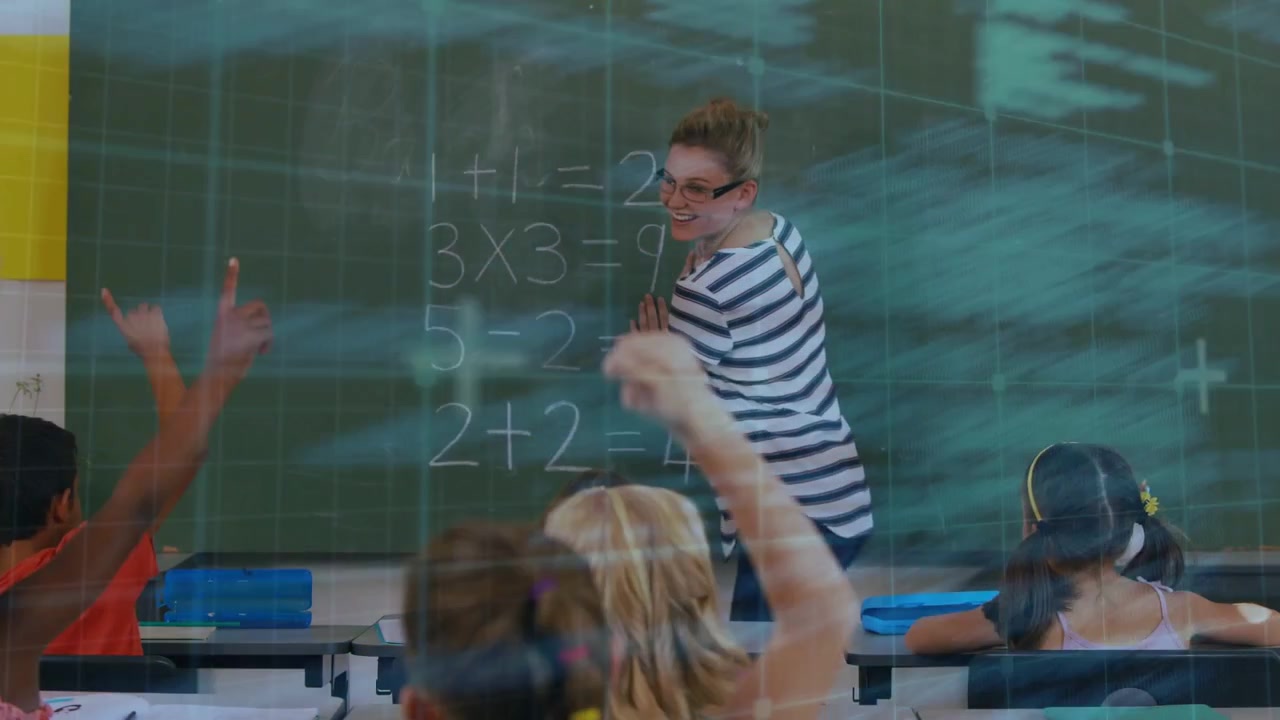 Teacher pointing and writing, teaching math on board, code HUD layering class, pupils raising hands