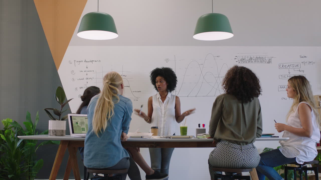 happy business people meeting in boardroom celebrating successful project multi ethnic team of women high five enjoying success in office workplace presentation