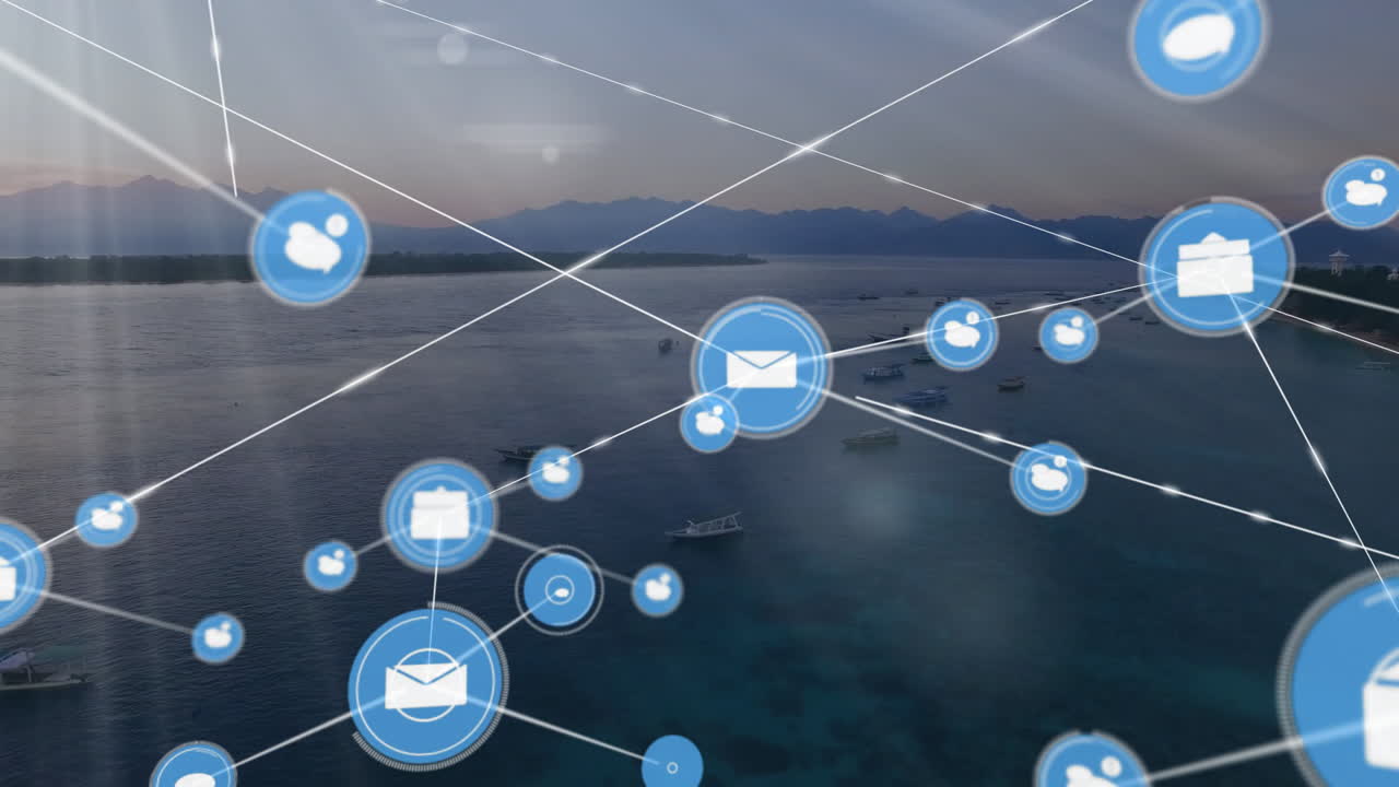 Network of connections and data processing animation over serene coastal landscape