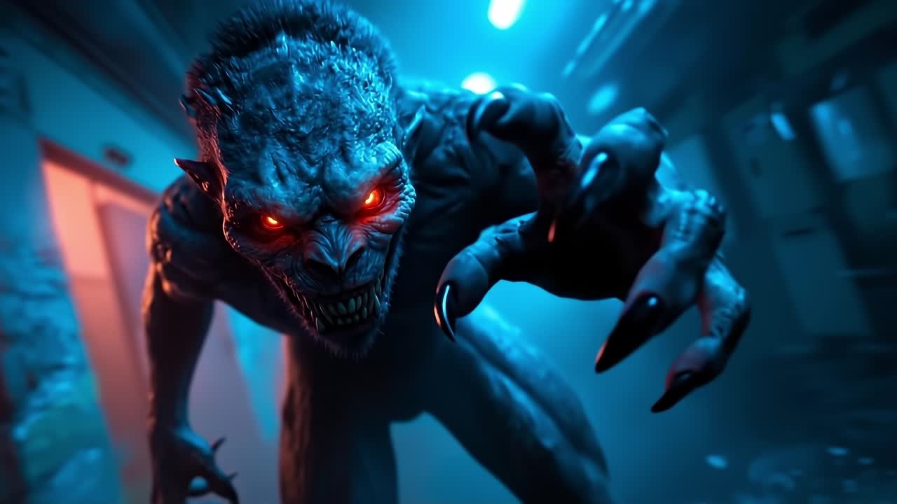 A demonic creature with red eyes in a dark room