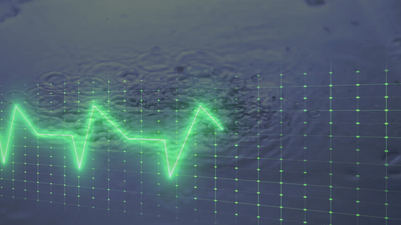Green heartbeat line animation over water surface with ripples and grid pattern