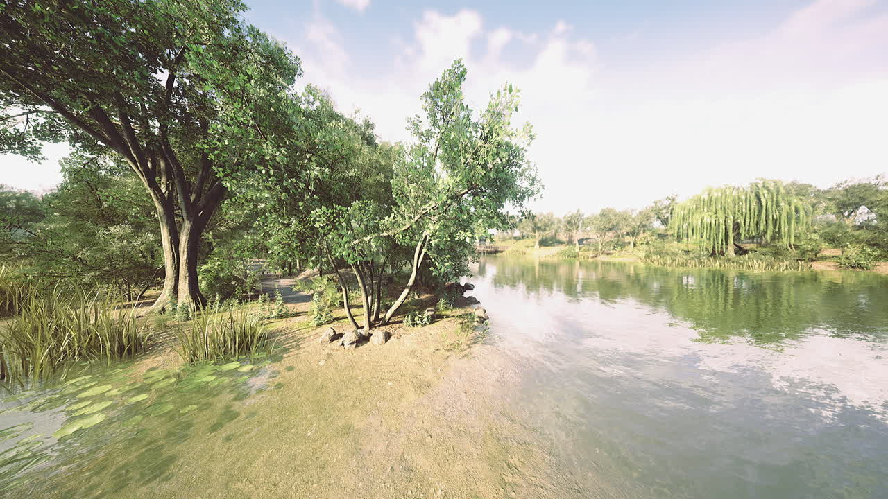 Serene lakeside landscape showcasing lush greenery and calm waters