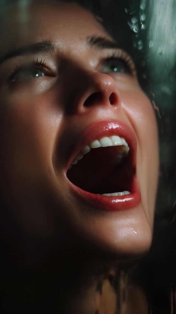 L'espressione emotiva di una donna è catturata magnificamente mentre urla in un momento di disperazione, con goccioline d'acqua che aggiungono intensità al suo forte messaggio.