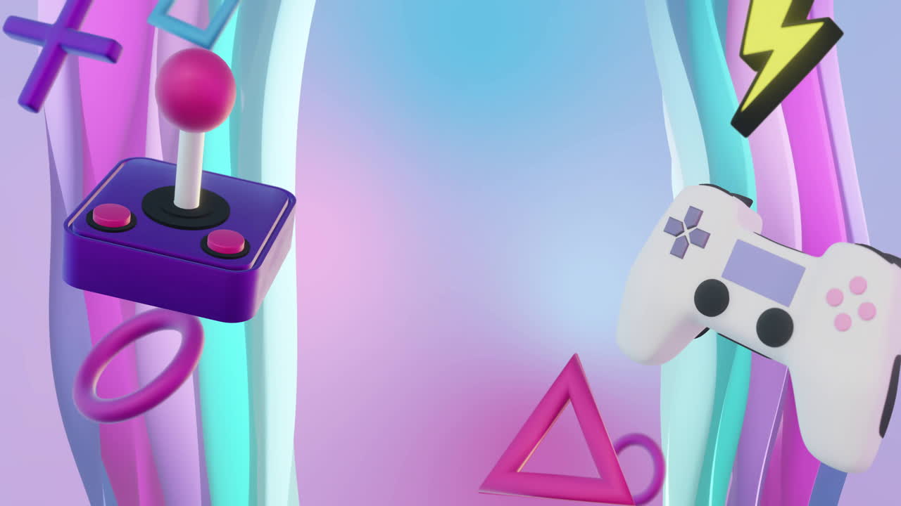 Animation of video game items and shapes moving over waving layers background