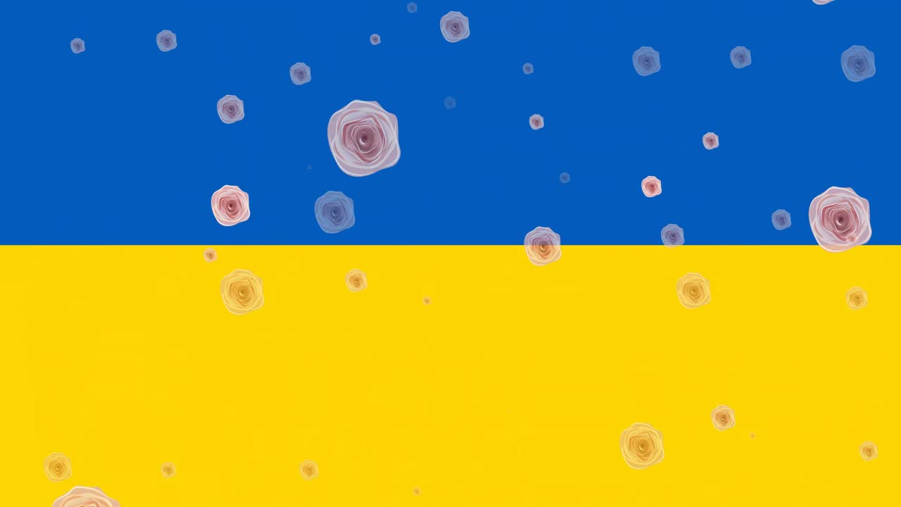 Animation of white roses floating over flag of ukraine