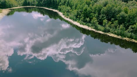 aerial view captures the abstract reflection of a clouded blue sky in a serene lake surrounded by dense green forest