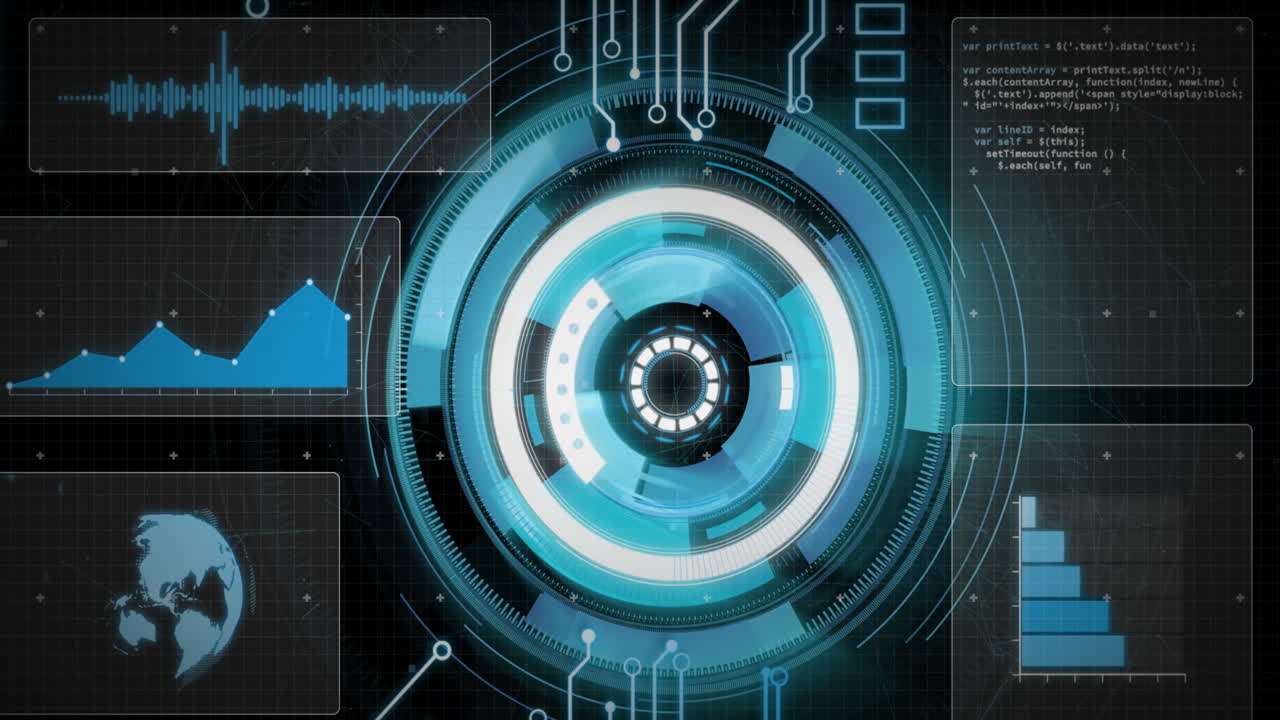 Animation of motherboard and circular scanner processing data on interface with black background