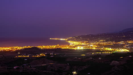 Time-Lapse-City-Dusk,-Cars-Lights-moving-at-panoramic-sea-bay-with-sunset-sky