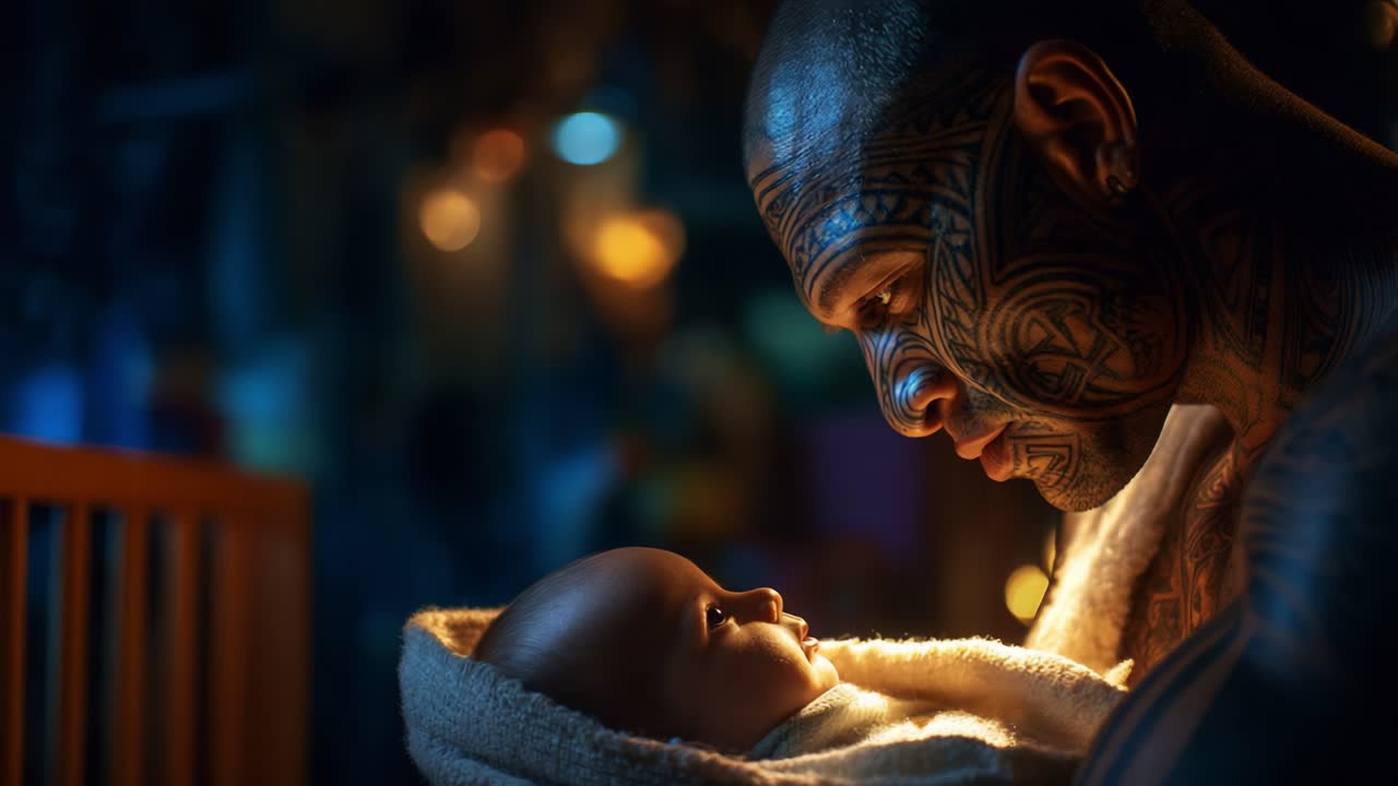 A Tender Moment Between a Tattooed Guardian and an Innocent Baby, Capturing the Essence of Love, Protection, and the Bond Between Generations in a Beautifully Lit Atmosphere