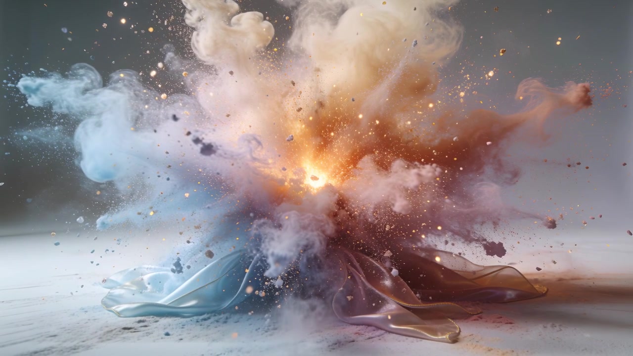 Brightening core igniting central satin fabrics and pigments expanding in studio, emitting sparks