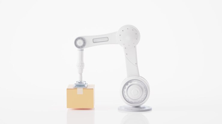 Mechanical arm and cardboard box, 3d rendering.