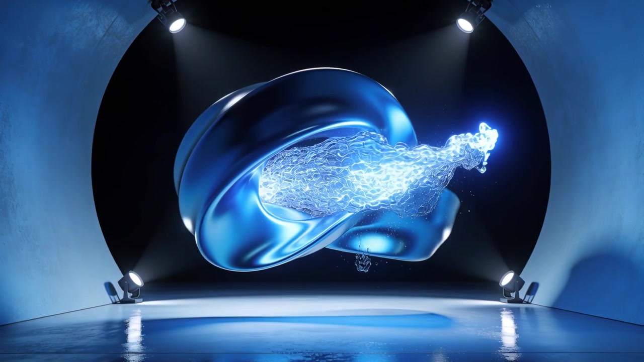 Filling cavity, blue metal ribbon sculpture ejecting clear water jet on studio, lights for display