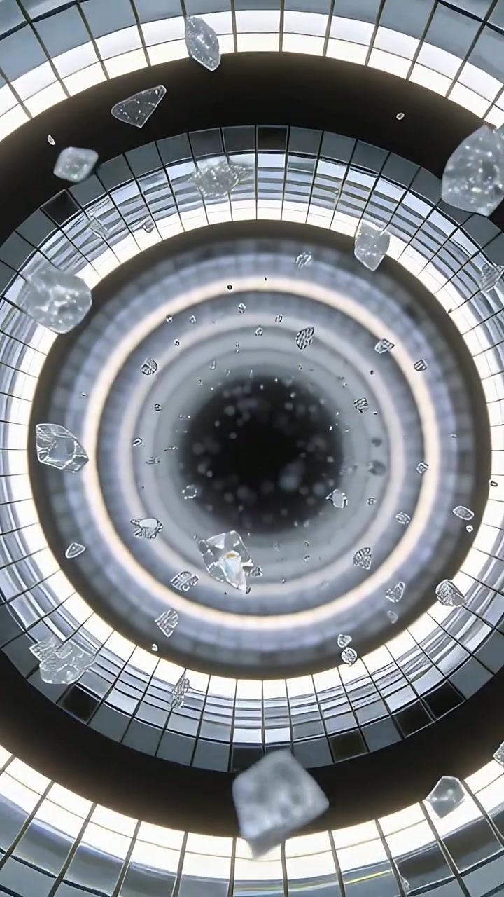 Video verticale: Mostra movimento con frammenti che si muovono verso la telecamera vicino al lucernario, anelli che proiettano un bagliore.