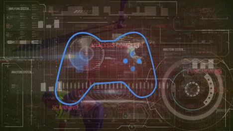 Animation-Des-Gamecontrollers-Mit-Infografik-Schnittstelle-über-Dem-Spieler,-Der-Am-Boden-Rad-Schlägt