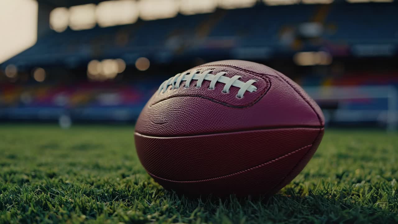Low-angle shot of a football on a sunlit field, capturing the essence of sports