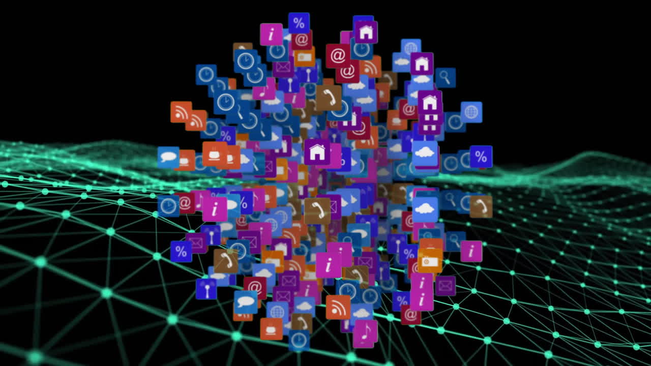 animación de íconos que forman un globo sobre un patrón de onda dinámica contra un fondo negro