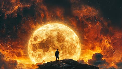 person gazing at a massive glowing moon above a smoky landscape