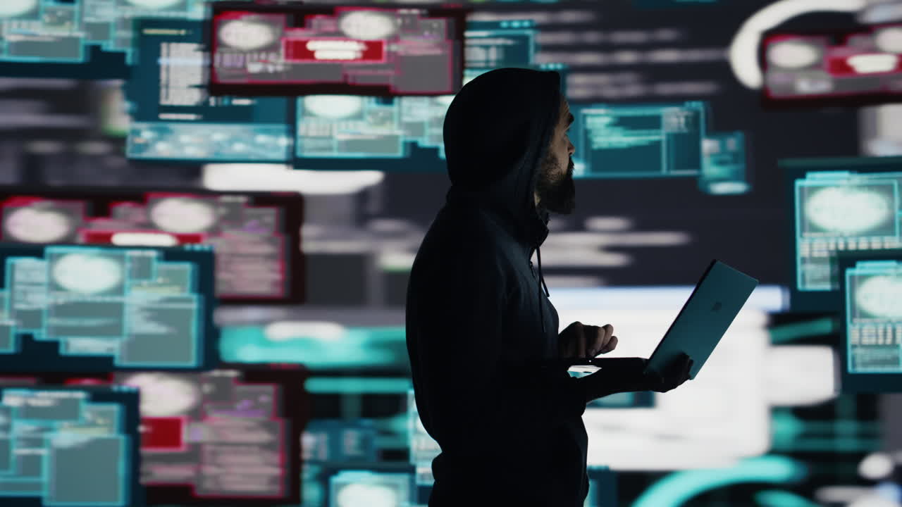O hacker masculino opera em modo furtivo, violando o acesso ao sistema através de codificação.