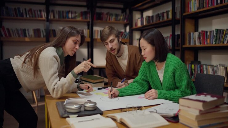 Studenti che collaborano in una biblioteca