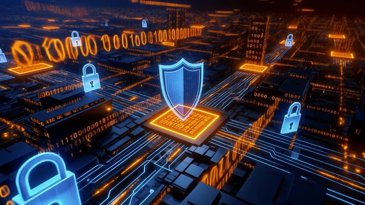 Digital Cybersecurity Concept with Glowing Shields and Binary Data