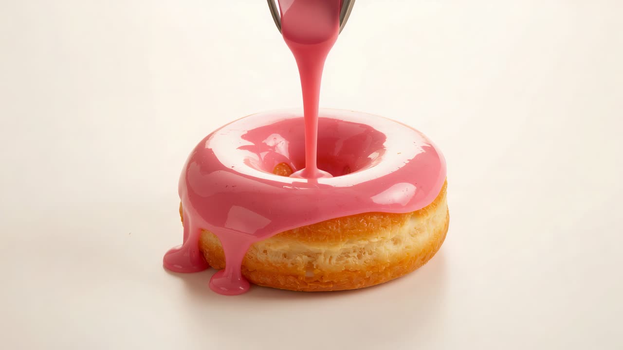 Pouring metal spoon releasing glossy pink glaze onto donut on studio table, forming smooth glaze