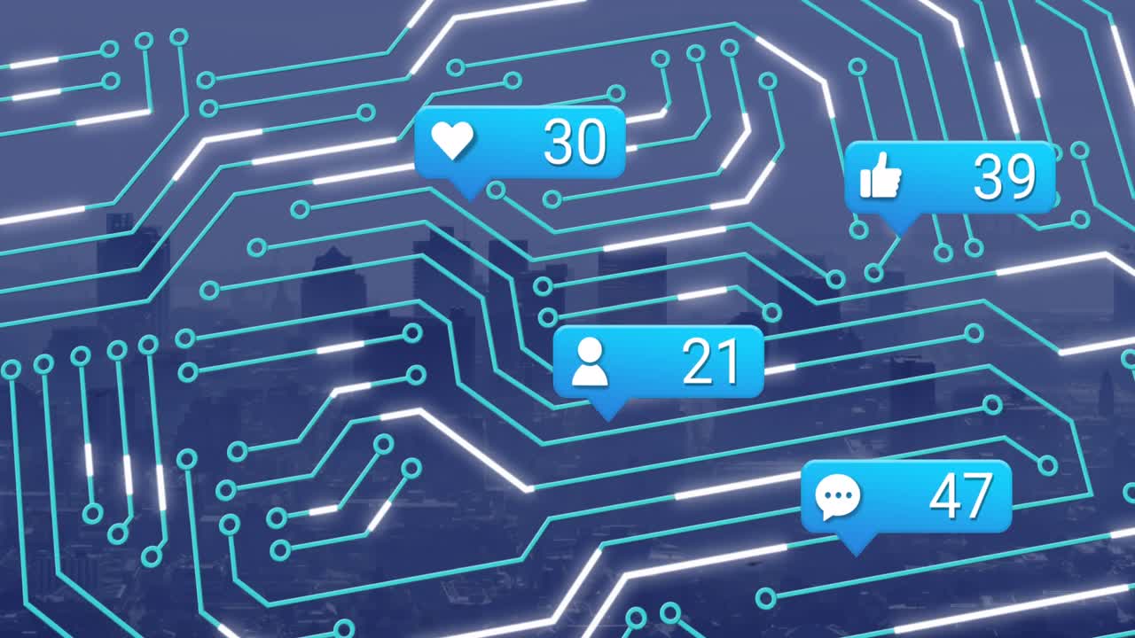 animación de circuitos integrados y reacciones de las redes sociales en el paisaje urbano
