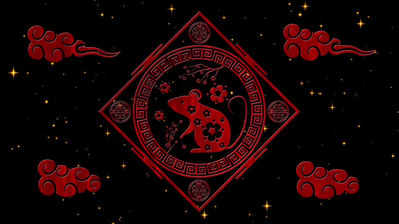 año nuevo lunar, fondo del festival de primavera con símbolo de rata, sakura, estrellas brillantes. año nuevo chino telón de fondo de noche estrellada negra para el evento de vacaciones. animación de renderización 3d. bucle sin costuras 4k video