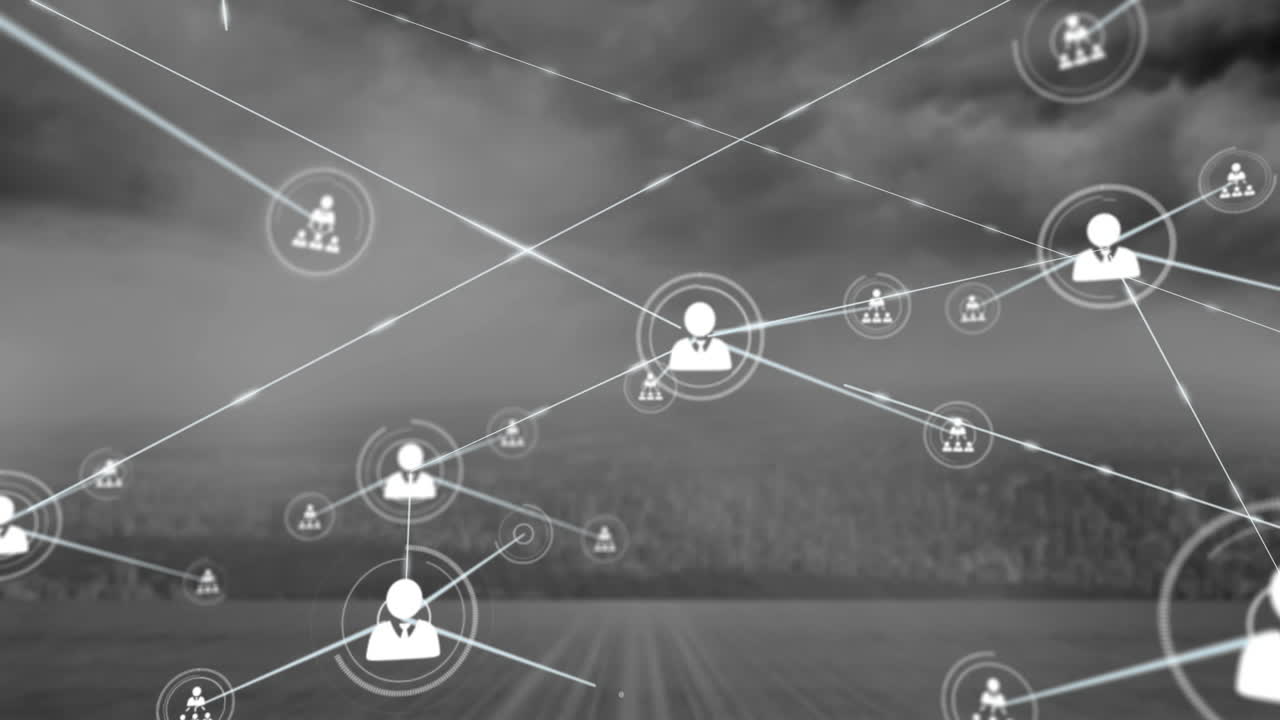 animación de una red de iconos de perfil frente a una vista aérea del paisaje urbano