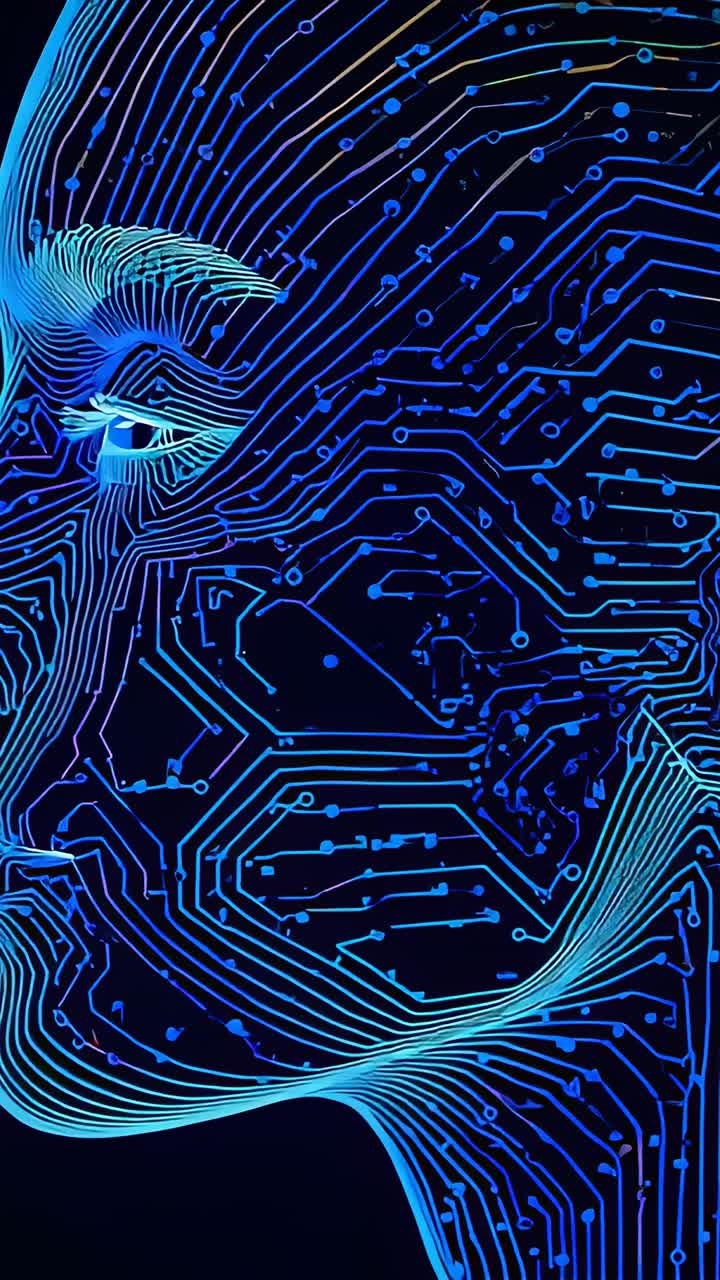 Vertical video: Loop starting neon head pulsing on black backdrop, nodes pulsing showing data flow