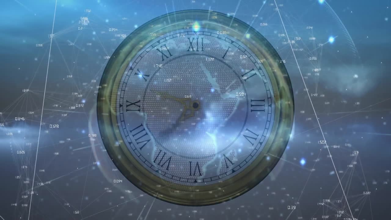 animación de redes de conexiones y globo sobre el reloj moviéndose rápidamente