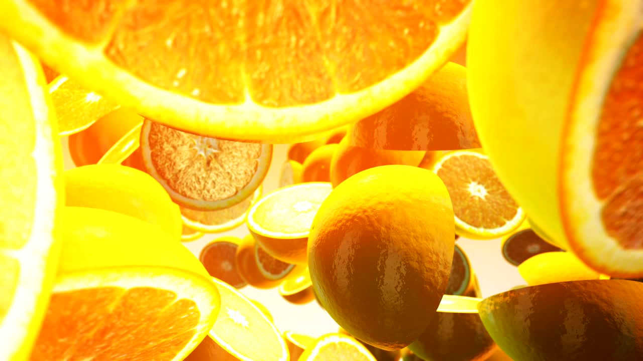 노란색 배경에 신선한 오렌지색이 떨어집니다.